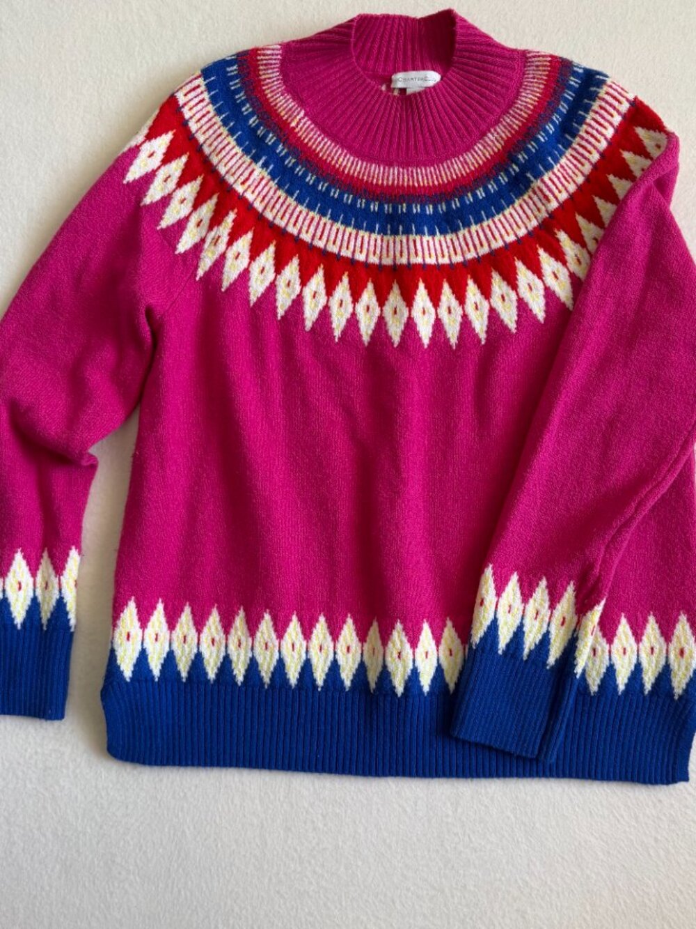 Charter Club Mock Neck Sweater Womens XL Pink Blue Geometric Pullover Knit Fuzzy